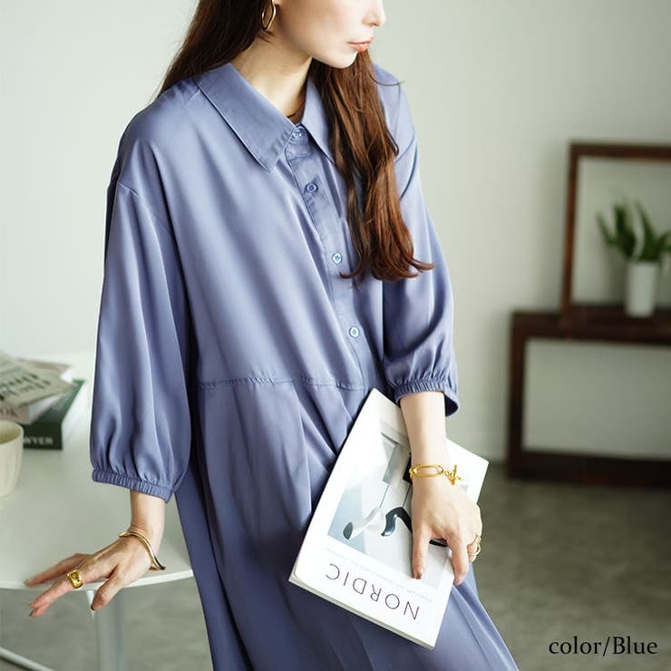 さおりん  23区 ✨新品タグ付き 大きいサイズ✨ シャツワンピース SUN VALLEY ノーカラーシャツワンピース 綿オックス ピン