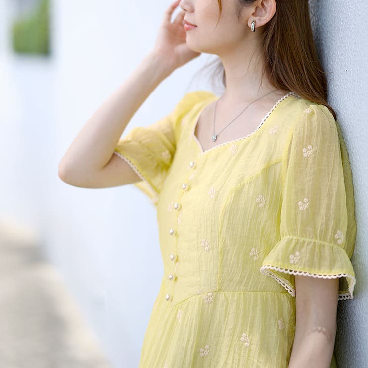 大きいサイズレディース ワンピース パールボタン付き楊柳