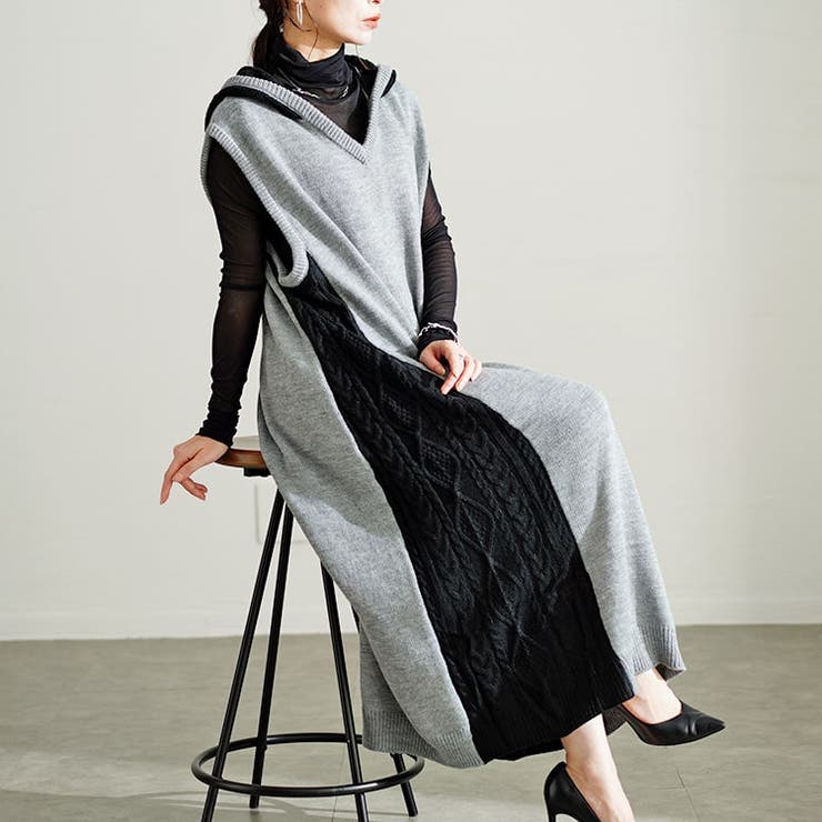 大きいサイズレディース ワンピース 配色ニットノースリーブパーカーワンピース | GOLDJAPAN　大きいサイズ専門店 | 詳細画像6 