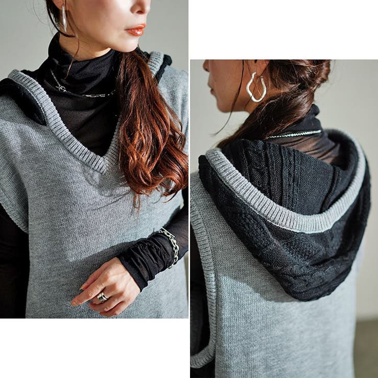 大きいサイズレディース ワンピース 配色ニットノースリーブパーカーワンピース | GOLDJAPAN　大きいサイズ専門店 | 詳細画像9 