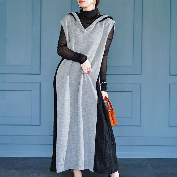 大きいサイズレディース ワンピース 配色ニットノースリーブパーカーワンピース | GOLDJAPAN　大きいサイズ専門店 | 詳細画像11 