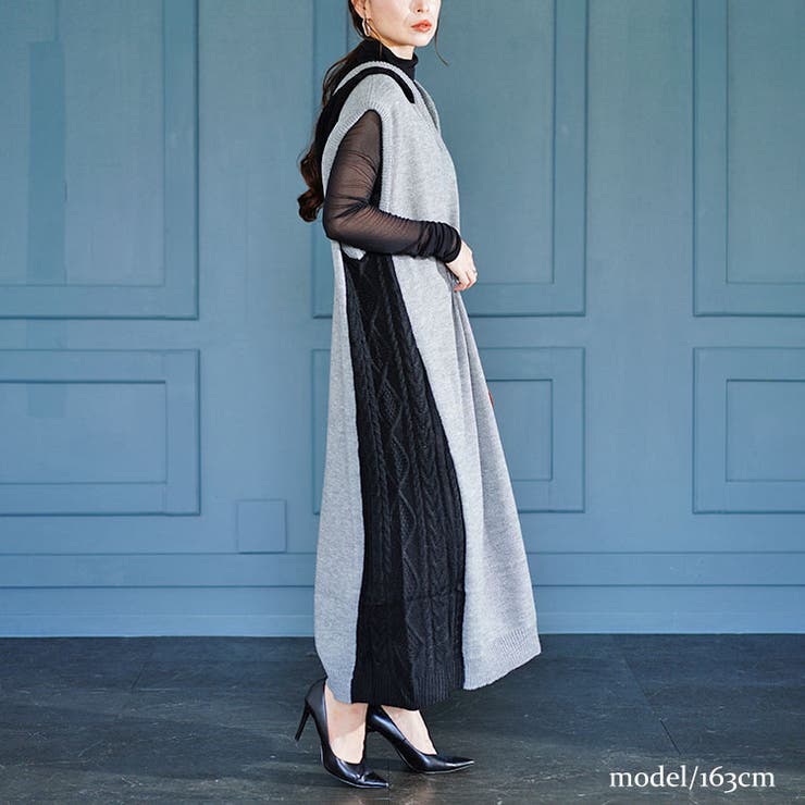 大きいサイズレディース ワンピース 配色ニットノースリーブパーカーワンピース | GOLDJAPAN　大きいサイズ専門店 | 詳細画像12 