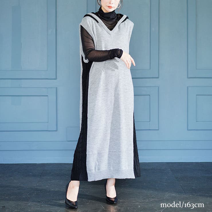 大きいサイズレディース ワンピース 配色ニットノースリーブパーカーワンピース | GOLDJAPAN　大きいサイズ専門店 | 詳細画像13 
