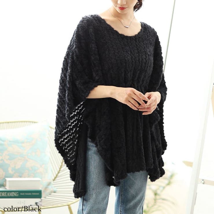 GroundY ポンチョ風チュニックブラック 大きいサイズレディース チュニック ドロストポンチョ風ニット