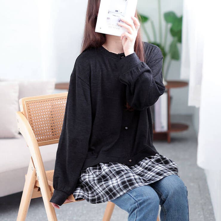 カーデ重ね着風チェック柄シャツチュニック
