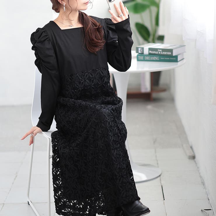 大きいサイズレディース ワンピース 刺繍チュール切り替え