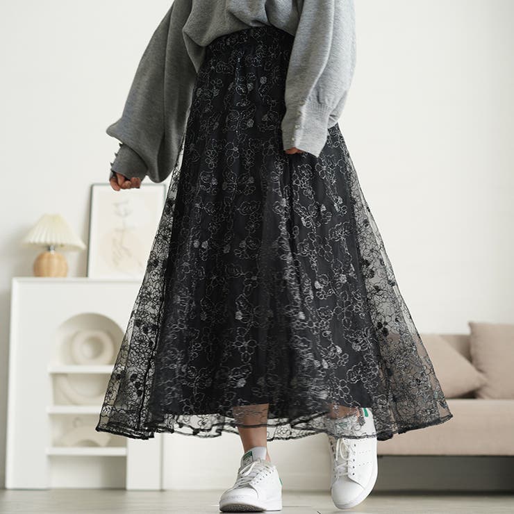 ラメ花柄刺繍チュールフレアスカート