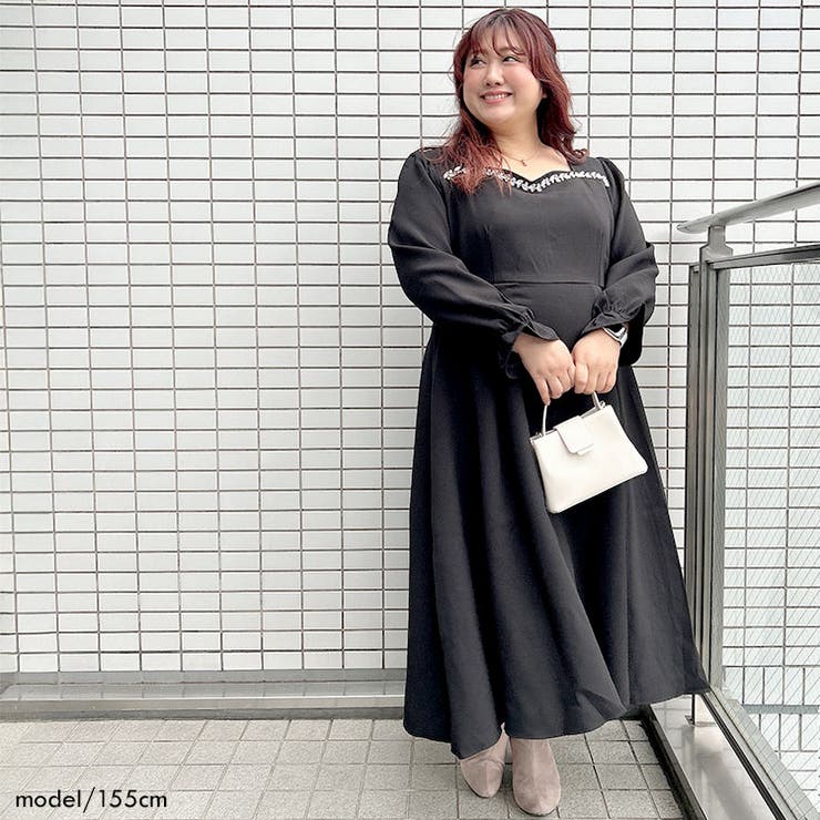 大きいサイズレディース ワンピース ビジュー付きハートネックロングワンピース | GOLDJAPAN　大きいサイズ専門店 | 詳細画像5 