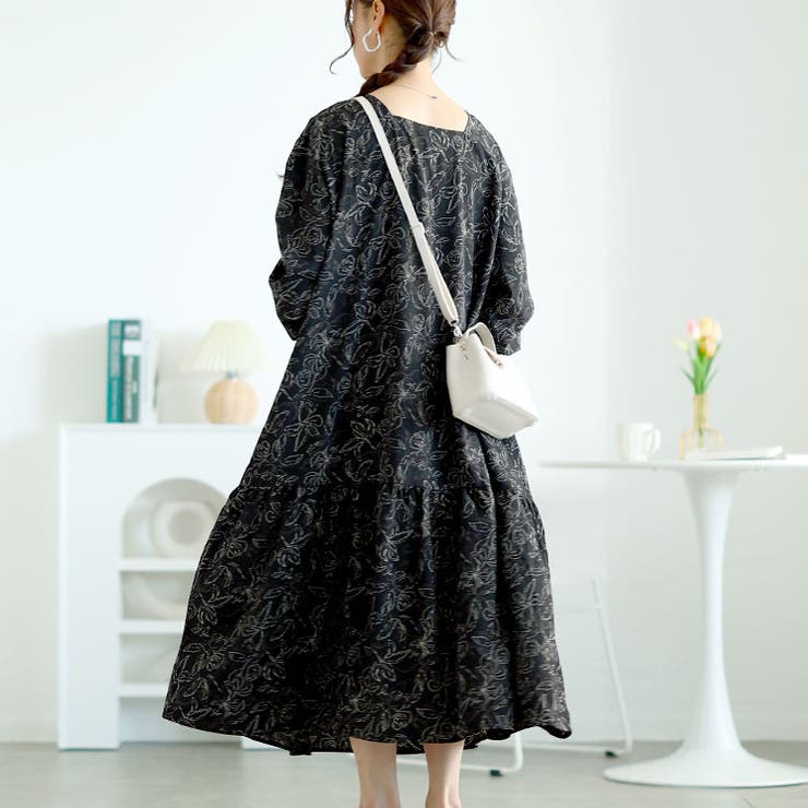 大きいサイズレディース ワンピース 前後2way花柄ティアードワンピース