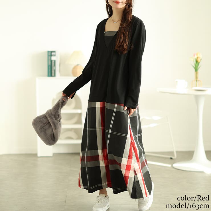 大きいサイズレディース ワンピース フェイクレイヤードチェック柄ワンピース | GOLDJAPAN　大きいサイズ専門店 | 詳細画像8 