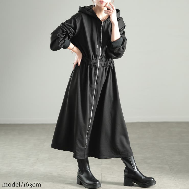 大きいサイズレディース ワンピース ウエストギャザーZIPパーカー