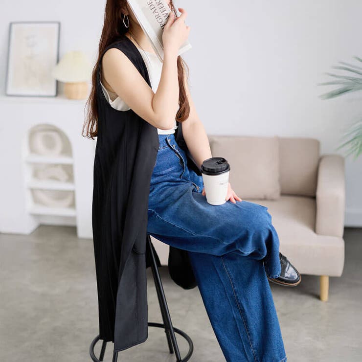 麻調バックプリーツロングジレ