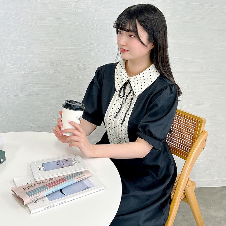 ドットピンタック切り替えリボンワンピース