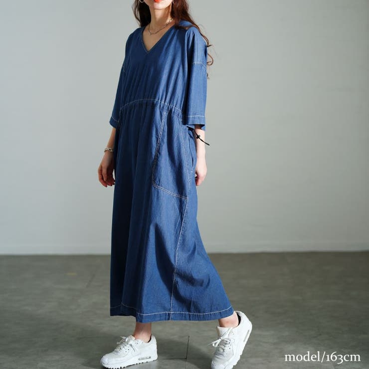 コットンデニムウエストドロストワンピース