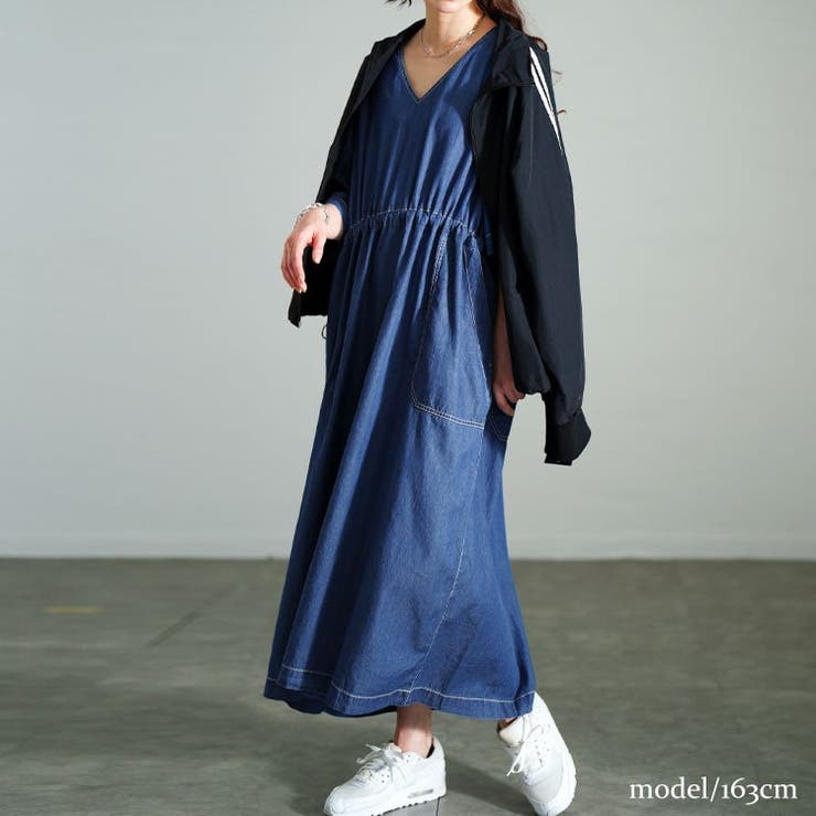 コットンデニムウエストドロストワンピース
