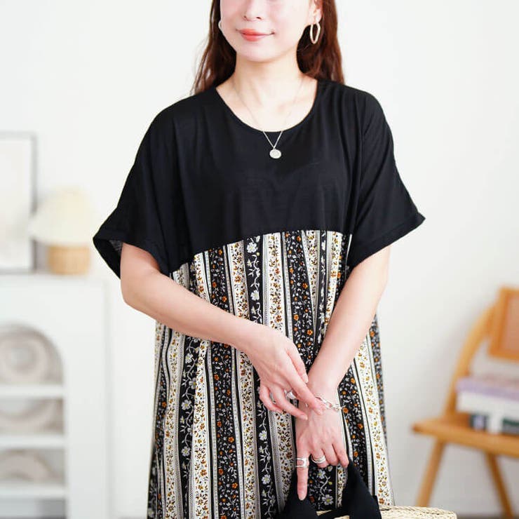 小花柄切り替えワンピース