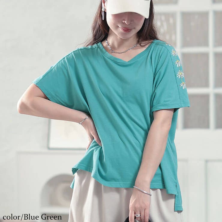 接触冷感花柄スリーブコットンTシャツ