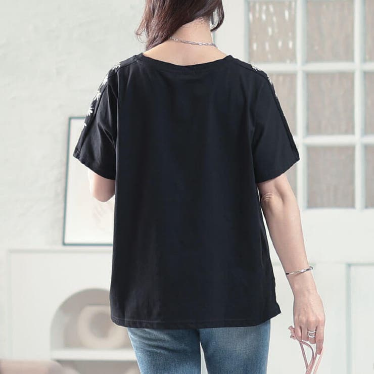 接触冷感花柄スリーブコットンTシャツ