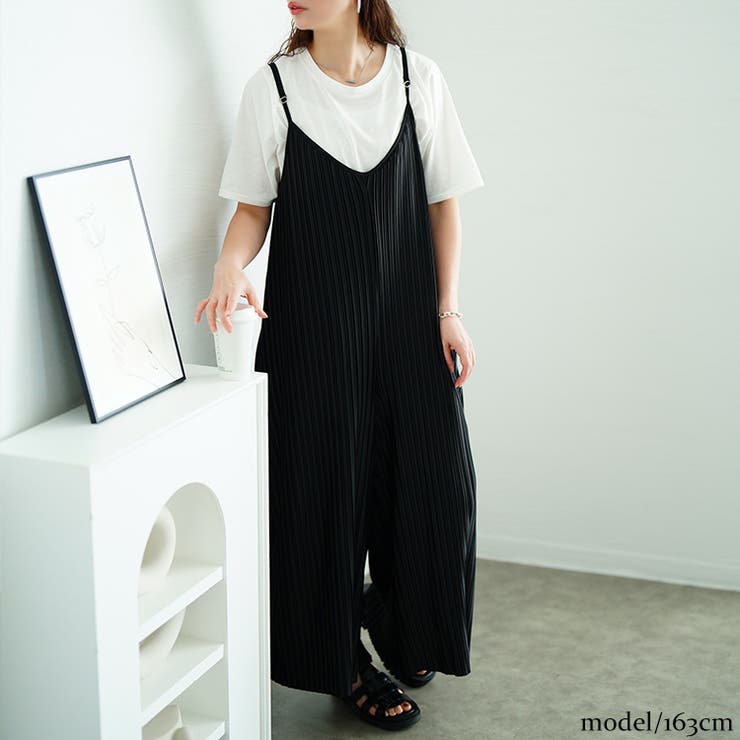ランダムプリーツワイドサロペット＆Tシャツ2点セット