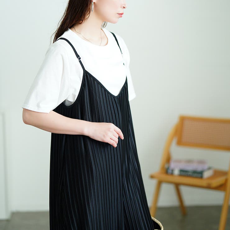 ランダムプリーツワイドサロペット＆Tシャツ2点セット