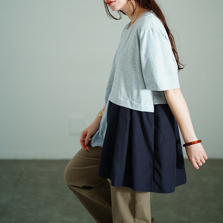アシメ異素材切り替えチュニックTシャツ