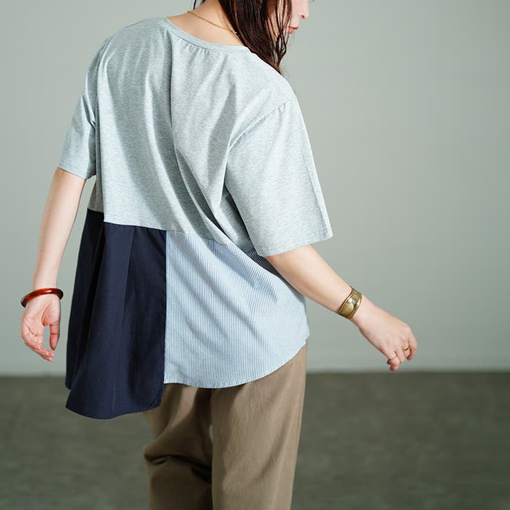 アシメ異素材切り替えチュニックTシャツ