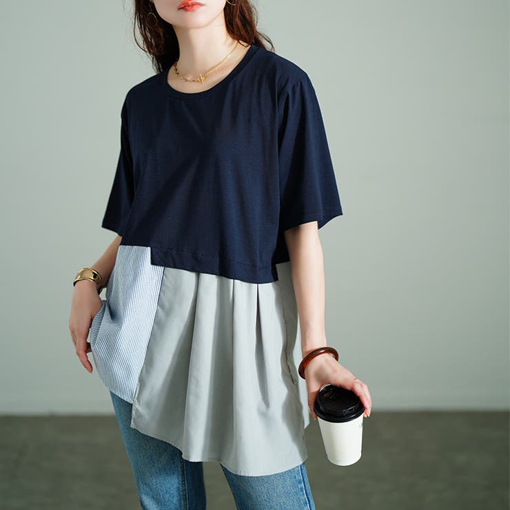 アシメ異素材切り替えチュニックTシャツ