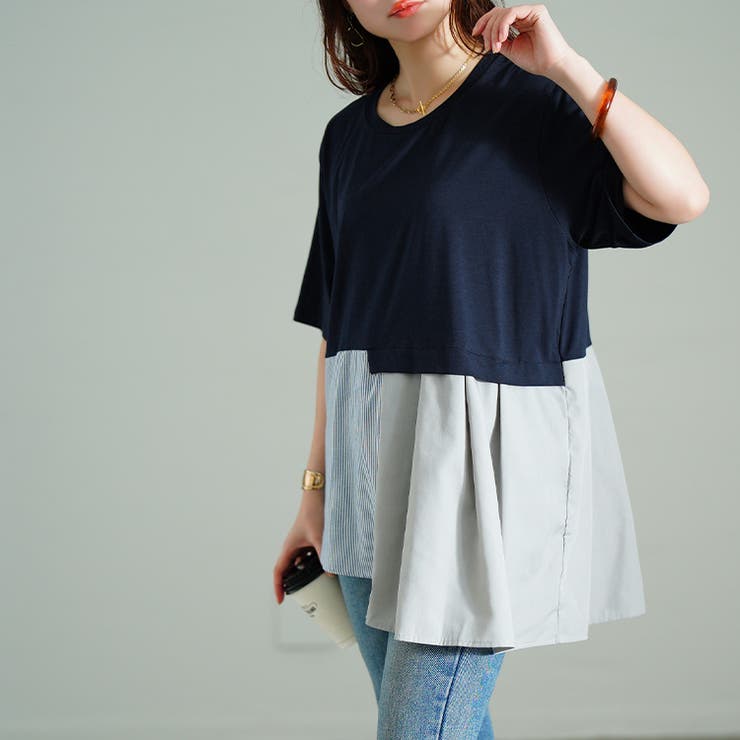 アシメ異素材切り替えチュニックTシャツ