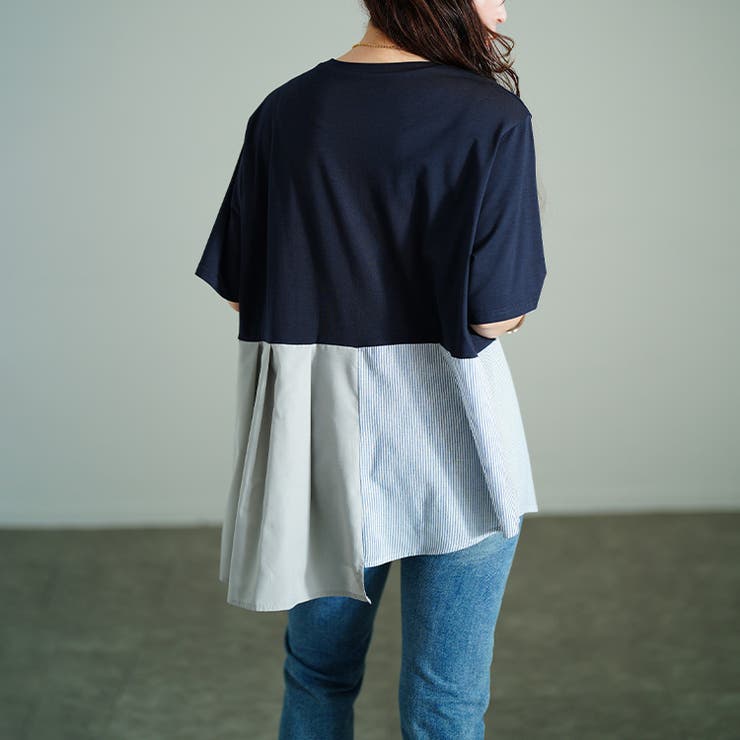 アシメ異素材切り替えチュニックTシャツ