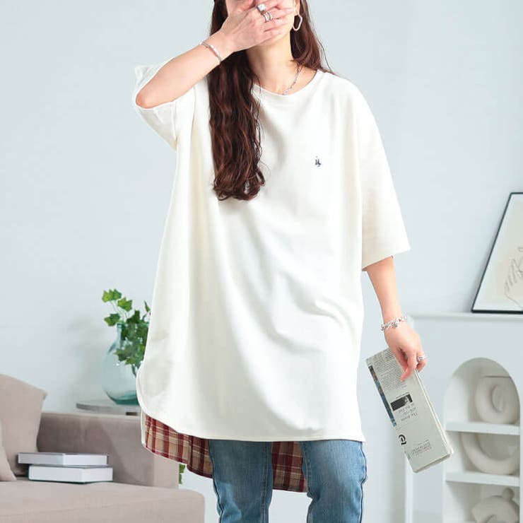 チェックステップヘムチュニックTシャツ