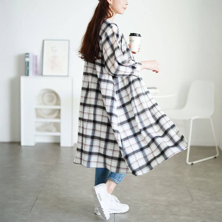 ワンポイント刺繍チェックシャツワンピース