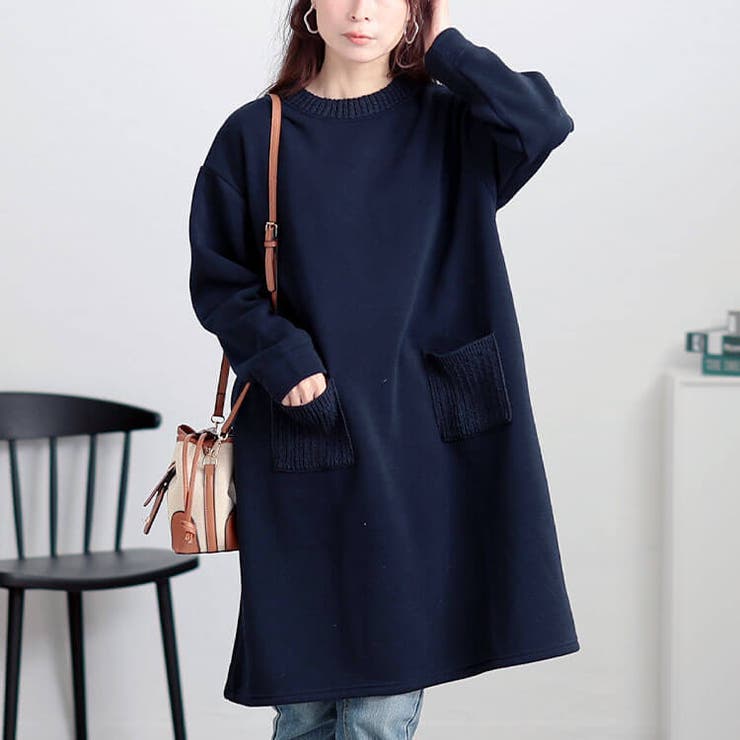 ネイビー | 大きいサイズレディース チュニック 裏起毛ケーブルニットポケットチュニック | GOLDJAPAN　大きいサイズ専門店