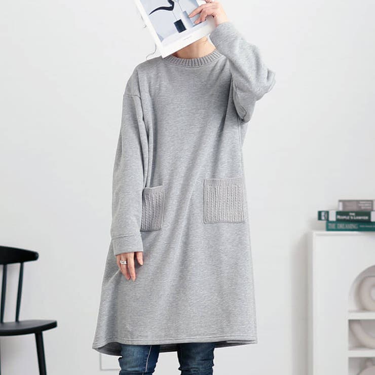 グレー | 大きいサイズレディース チュニック 裏起毛ケーブルニットポケットチュニック | GOLDJAPAN　大きいサイズ専門店