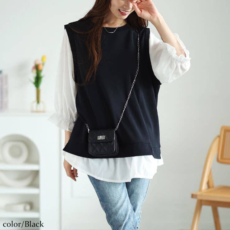 ブラック | 大きいサイズレディース チュニック フェイクレイヤードキャンディスリーブチュニッ… | GOLDJAPAN　大きいサイズ専門店