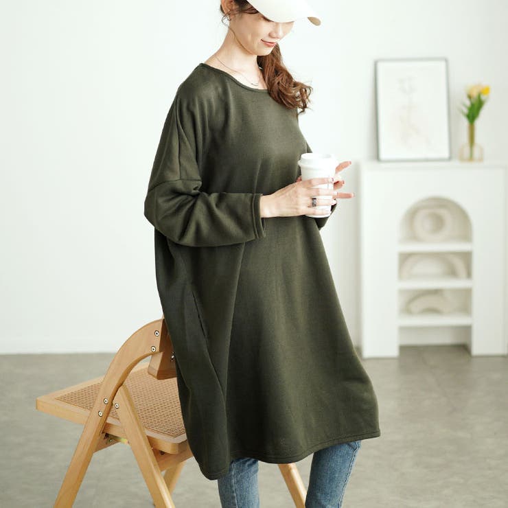 カーキ | 大きいサイズレディース ワンピース 内側チェック切り替えドルマンワンピース | GOLDJAPAN　大きいサイズ専門店