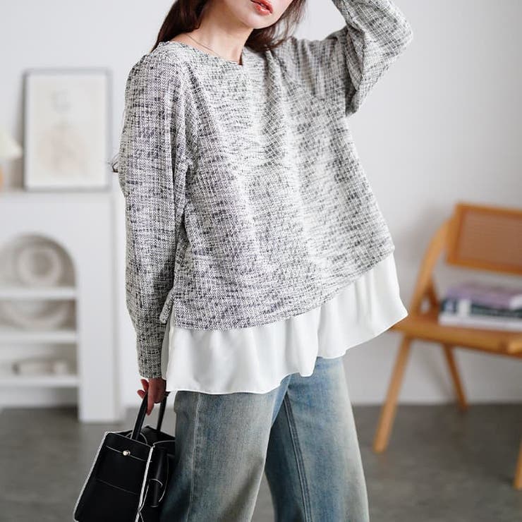 ブラック | 大きいサイズレディース トップス ツイードフェイクレイヤードプルオーバー | GOLDJAPAN　大きいサイズ専門店