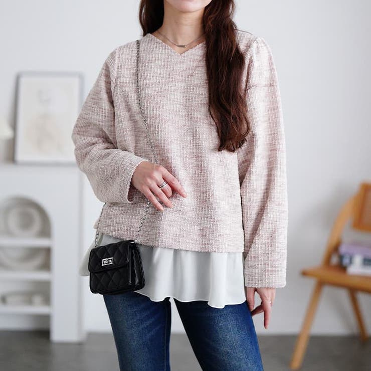 ピンク | 大きいサイズレディース トップス ツイードフェイクレイヤードプルオーバー | GOLDJAPAN　大きいサイズ専門店