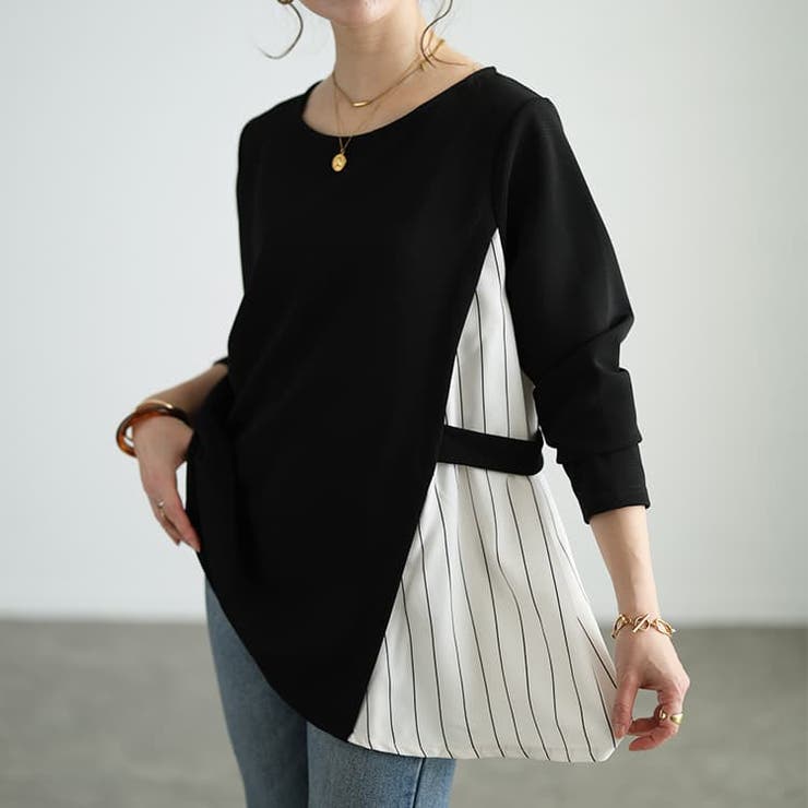 ブラック | 大きいサイズレディース チュニック ストライプ切り替えアシンメトリーチュニック | GOLDJAPAN　大きいサイズ専門店