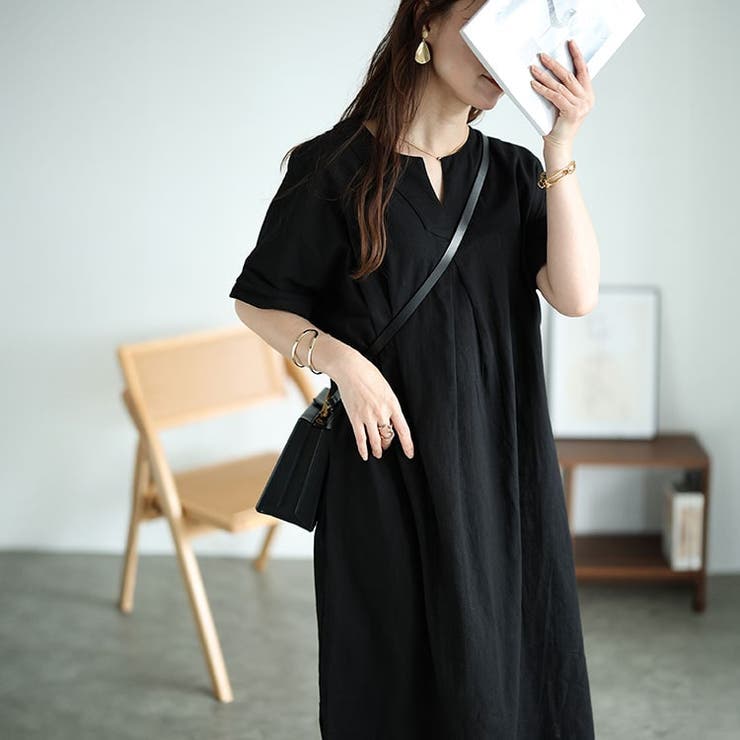 ブラック | 大きいサイズレディース ワンピース キーネックセンタータックドルマンワンピース | GOLDJAPAN　大きいサイズ専門店