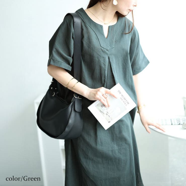 グリーン | 大きいサイズレディース ワンピース キーネックセンタータックドルマンワンピース | GOLDJAPAN　大きいサイズ専門店