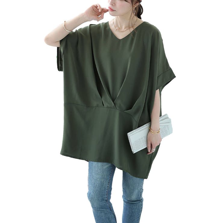 カーキ | 大きいサイズレディース チュニック タック入りコクーンチュニック | GOLDJAPAN　大きいサイズ専門店