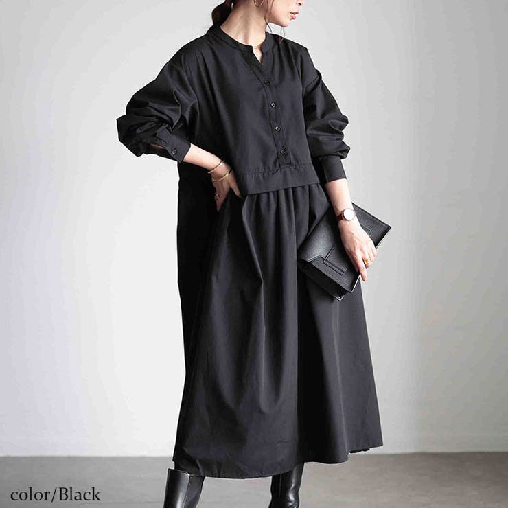 ブラック | 大きいサイズレディース ワンピース レイヤード風スキッパーネックフレアワンピース | GOLDJAPAN　大きいサイズ専門店