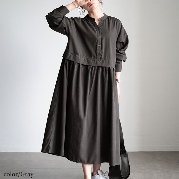 グレー | 大きいサイズレディース ワンピース レイヤード風スキッパーネックフレアワンピース | GOLDJAPAN　大きいサイズ専門店