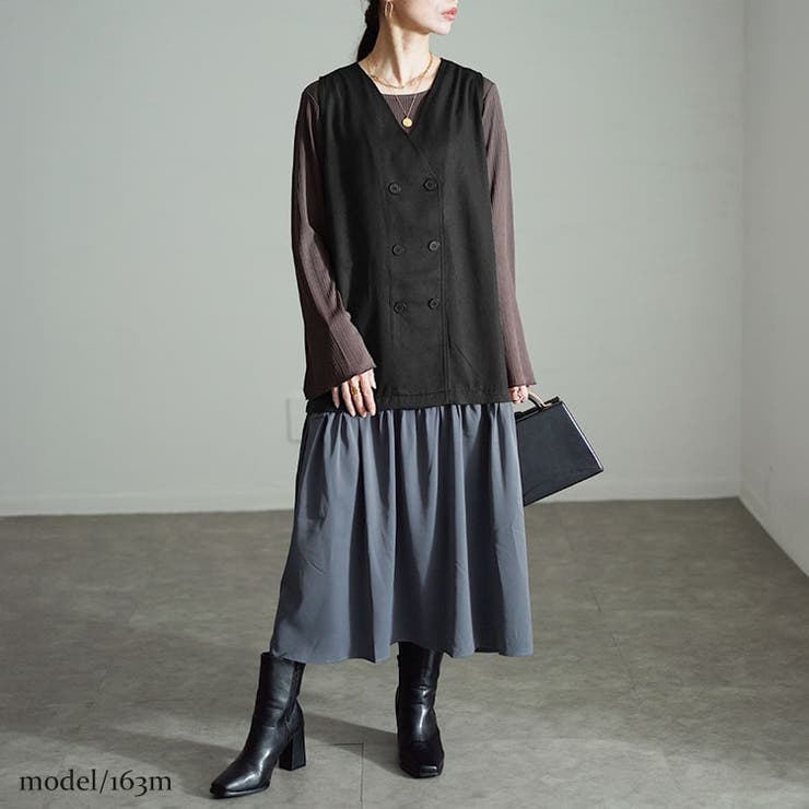 グレー×ブラック | 大きいサイズレディース ワンピース ドッキングベストノースリーブワンピース | GOLDJAPAN　大きいサイズ専門店