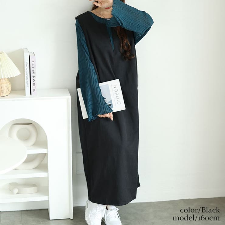 ブラック | 大きいサイズレディース ワンピース 深キーネックジャンパースカート | GOLDJAPAN　大きいサイズ専門店