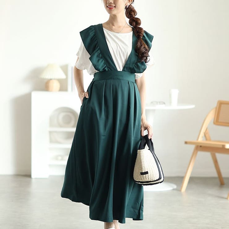 ダークグリーン | 大きいサイズレディース ワンピース フリルジャンパースカート | GOLDJAPAN　大きいサイズ専門店