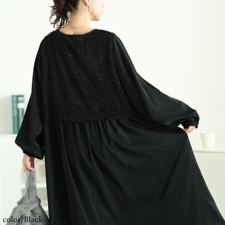 ブラック | 大きいサイズレディース ワンピース ラメニットベストドッキングフレアワンピース | GOLDJAPAN　大きいサイズ専門店