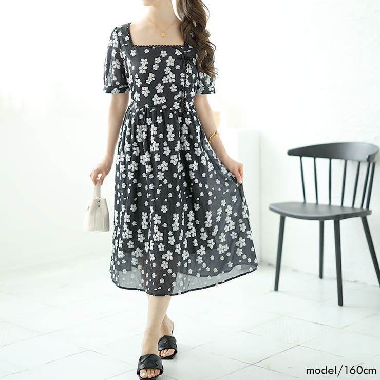 ブラック | 大きいサイズレディース ワンピース スクエアネック花柄ロングワンピース | GOLDJAPAN　大きいサイズ専門店