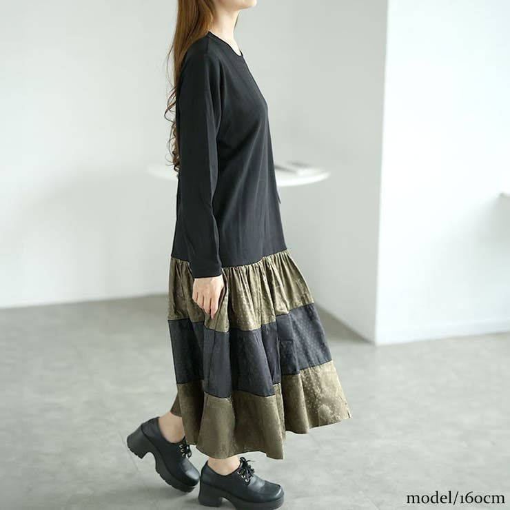 ブラック | 大きいサイズレディース ワンピース 異素材切替えロングワンピース | GOLDJAPAN　大きいサイズ専門店