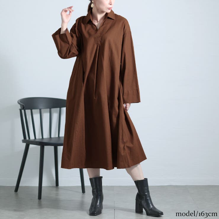 ブラウン | 大きいサイズレディース ワンピース スキッパー襟コットンワンピース | GOLDJAPAN　大きいサイズ専門店